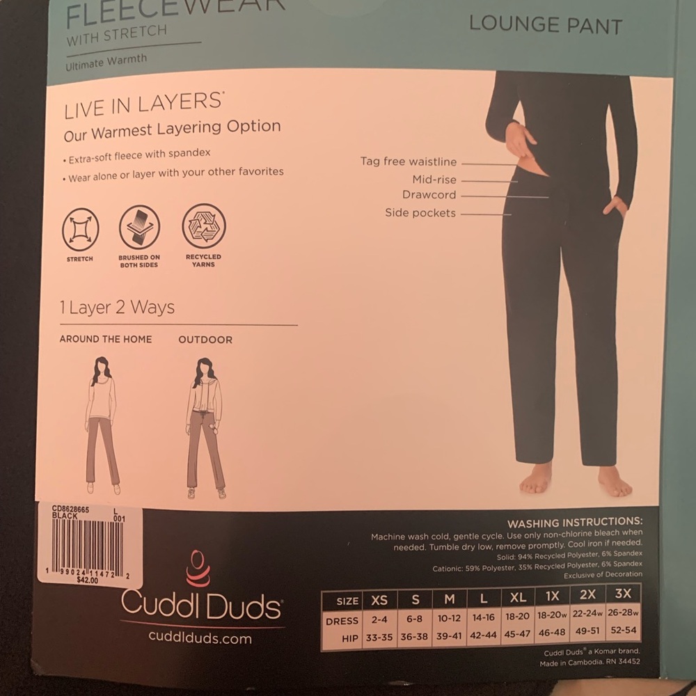 Cuddl Duds Black Warm Layers Lounge Pants
